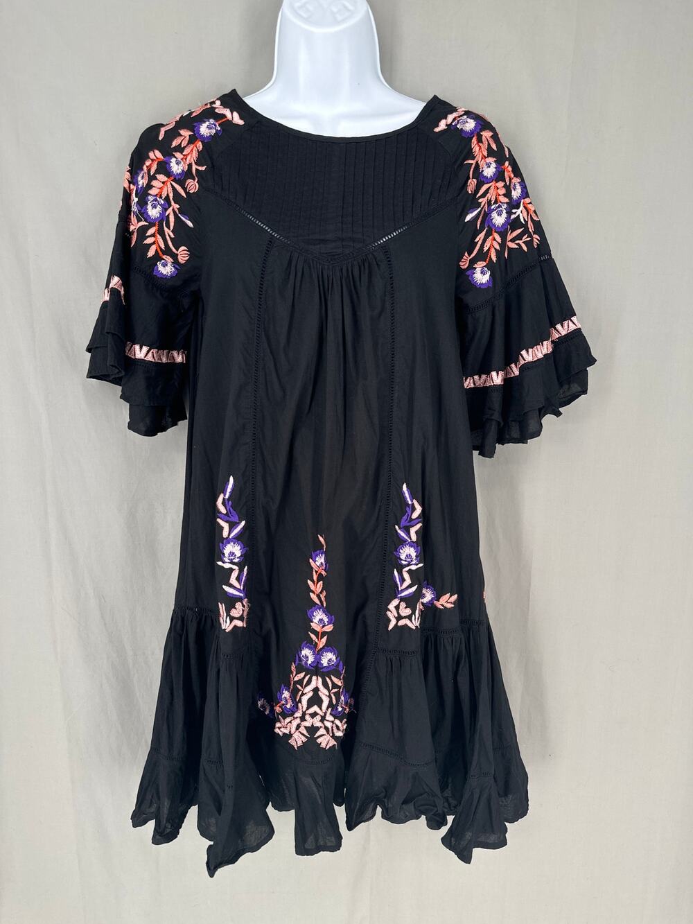 Free People Black Mini Dress with Purple and Pink Floral Embroidery